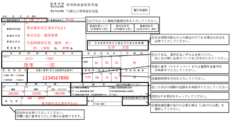 【入力例】被保険者資格取得届/70歳以上被用者該当届