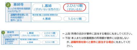紙の申告書における寡婦ひとり親の記入例