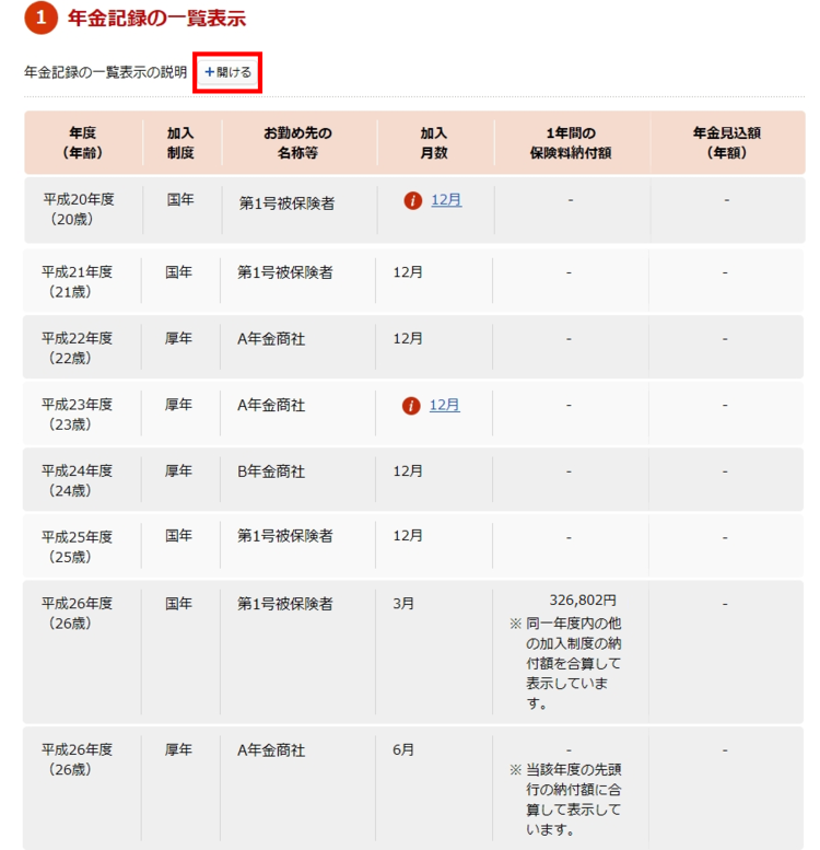 年金記録の一覧表示