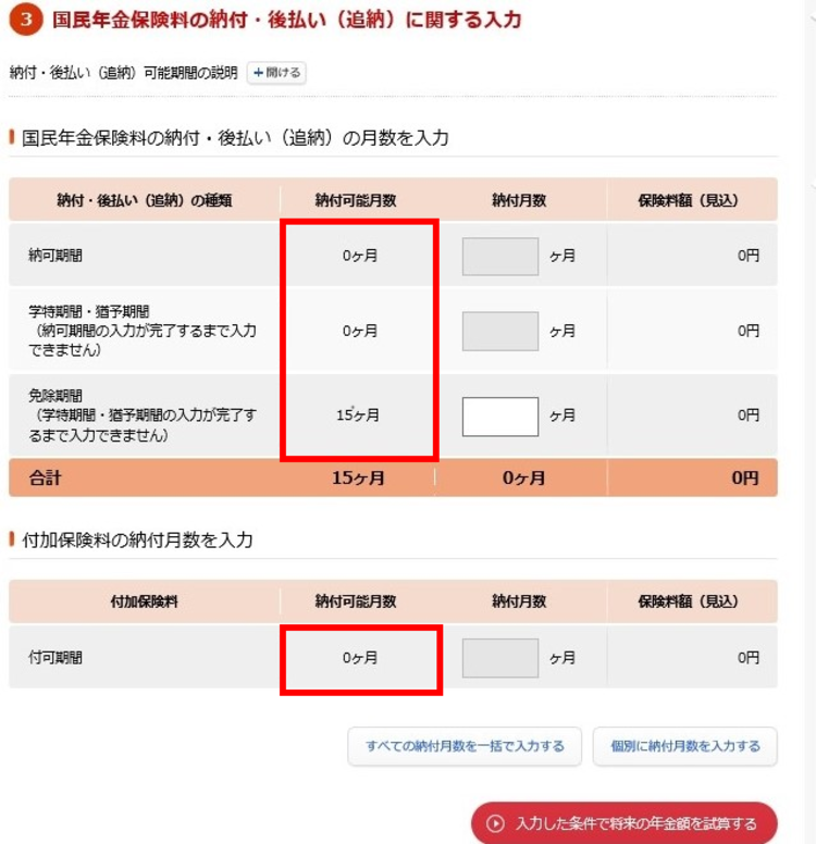 国民年金保険料の納付・後払い（追納）に関する入力
