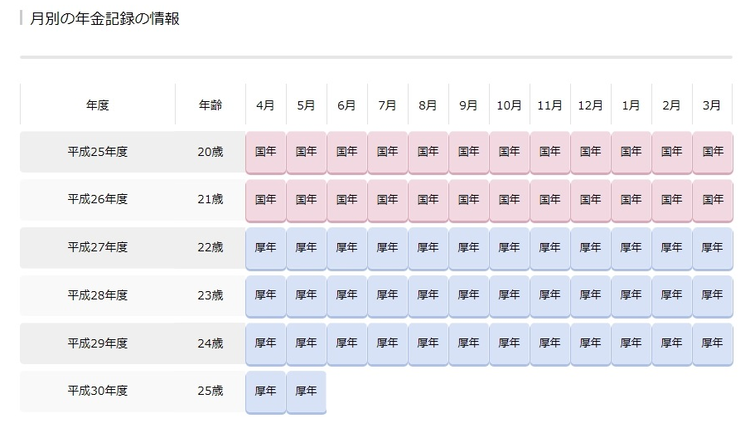 月別の年金記録の情報