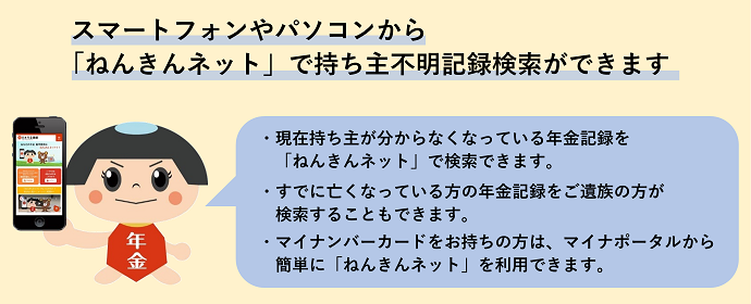 スマートフォンやパソコンからねんきんネットで持ち主不明記録検索ができます。