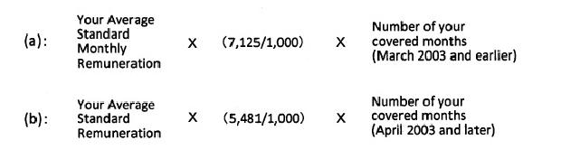 a: "Your Average Standard Monthly Remuneration"×（7.125/1,000)×"Number of your covered months (March 2003 and earlier), b: "Your Average Standard Remuneration"×（5.481/1,000）×"Nuber of your covered months (April 2003 and later）