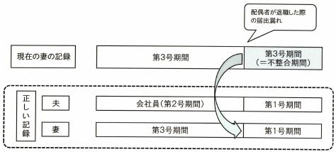 会社員だった夫が退職し、厚生年金加入者（第2号被保険者）でなくなった以降も、妻が第3号被保険者のまま管理されているケースの説明図