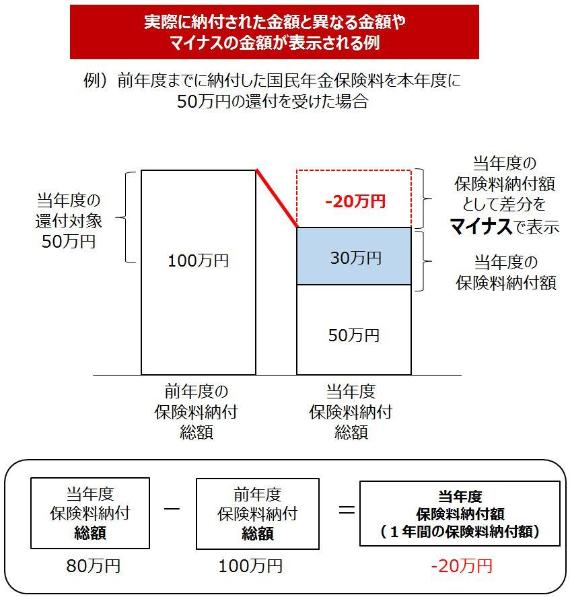 実際に納付された金額と異なる金額やマイナスの金額が表示される例の画像