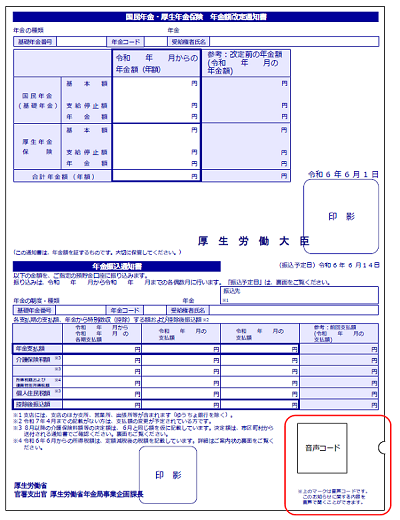 年金振込通知書と年金額改定通知書が一体となったものの見本です。