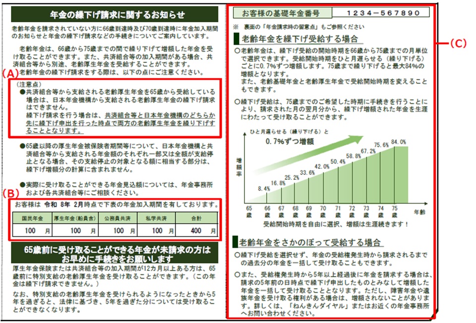 年金の繰下げ請求に関するお知らせはがきの表示