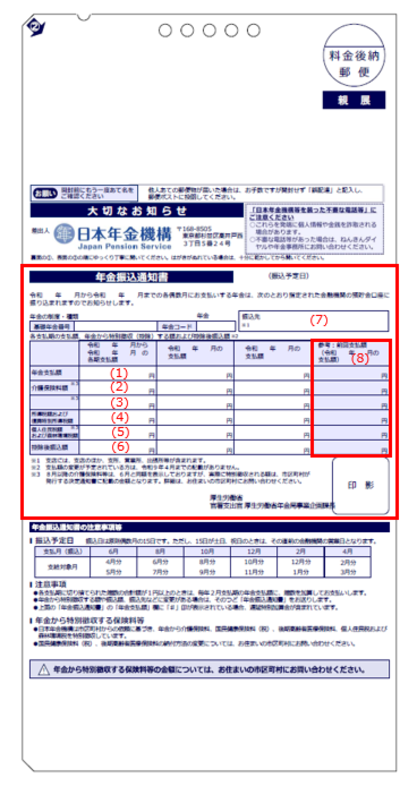 年金振込通知書1(受取金融機関に変更があった場合)