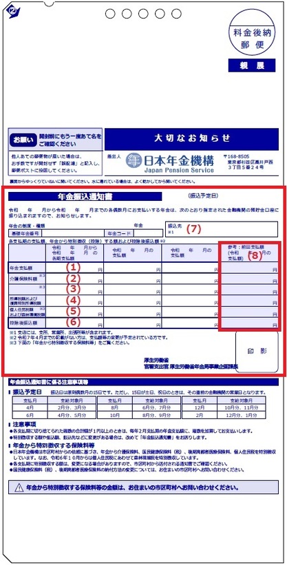 年金振込通知書1（受取金融機関に変更があった場合）