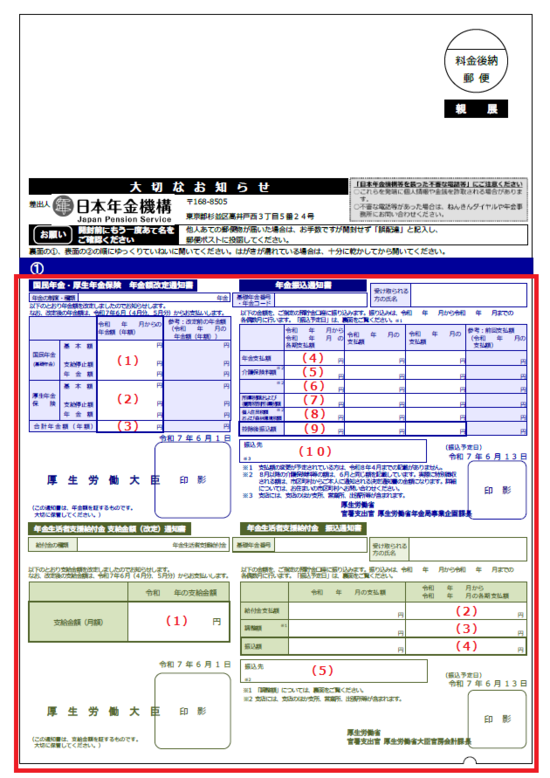 「改定通知書」と「振込通知書」（年金と年金生活者支援給付金受給者用：大判はがきサイズ）