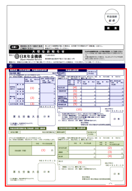 「改定通知書」と「振込通知書」（年金と年金生活者支援給付金受給者用：大判はがきサイズ）