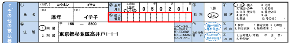 不備のある記入例（C.その他の被扶養者欄1、C.その他の被扶養者欄2）