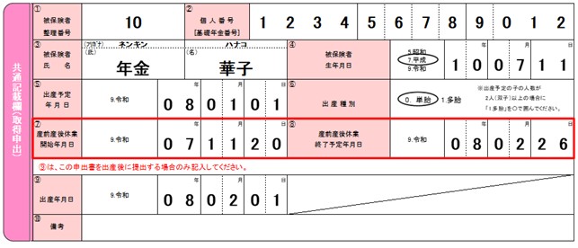 不備のある記入例(「産前産後休業開始年月日」欄、「産前産後休業終了予定年月日」欄)