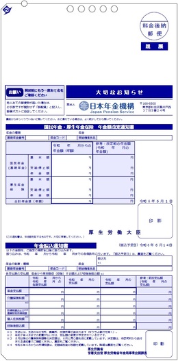 「年金額改定通知書」と「年金振込通知書」（年金受給者用：はがきサイズ）の画像