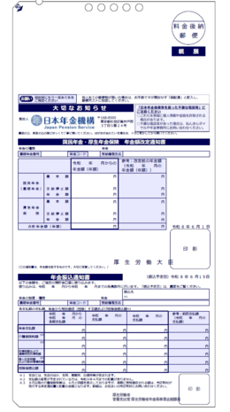 「年金額改定通知書」と「年金振込通知書」(年金受給者用:はがきサイズ)の画像
